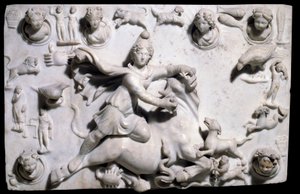 Oosterse oudheden: Mithra die de stier doodt (komt uit het Mithraeum van Sidon). Laag reliëf marmer uit Sayda, 2e-3e eeuw (Grieks-Romeinse periode, Fenicisch Koninkrijk). Parijs, Louvre Museum door Phoenician Phoenician
