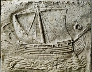 Fenicische kunst: bas-reliëf van sarcofaag die een koopvaardijschip voorstelt - Uit de oude haven van Sidon (Saidoon) in Libanon - Parijs, Louvre Museum