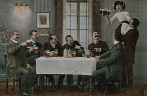 Ansichtkaart van Duitsers die bier drinken en plezier hebben met de serveerster, verzonden in 1913 door Photographer German