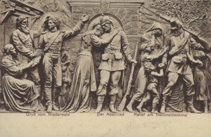 Het afscheid, reliëf op het Nationaldenkmal, monument ter herdenking van de eenwording van Duitsland, Rüdesheim am Rhein, Hessen (zw/w foto)