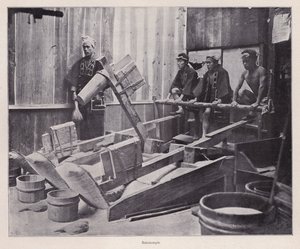 Rijst pellen of rijstmeel maken met een rijststamper, Japan door Photographer Japanese