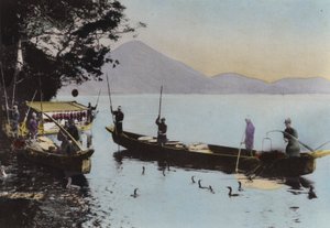 Japan, ca. 1912: Vissen met een aalscholver, Nagaragawa