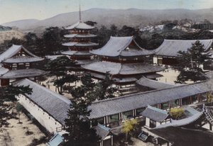 Japan, ca. 1912: Horyu-ji, de oudste boeddhistische tempel in Japan, gebouwd ongeveer 1300 jaar geleden, Yamato door Photographer Japanese