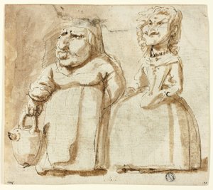 Karikaturen van twee vrouwen (recto); biddende Judas (verso) door Pier Francesco Mola