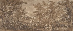 Bosscène, een Pauze aan de Linkerkant, een Jacht in het Midden, 1612-66 door Pier Francesco Mola