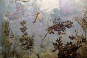 Vogel, detail van een fresco dat een tuin met bomen en vogels afbeeldt, uit het Huis van Livia op de Palatijnse heuvel, Rome, Italië. Romeinse beschaving
