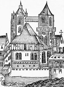 Abdij van Montecassino, Duitse houtsnede, uit de Neurenberg Kroniek (Liber Chronicarum) door Hartmann Schedel