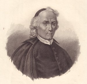 Portret van Italiaanse presbyter en historicus Ludovico Antonio Muratori (1672-1750), kopergravure door Blaise Nicolas Le Sueur