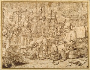 Polcinello geeft les in een schuur door Pier Leone Ghezzi