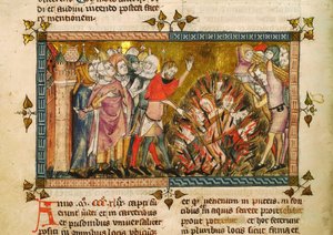 Verbranding van de Joden in 1349. Miniatuur uit: Tractatus quartus door Gilles de Muisit, ca 1353 door Pierart dou Tielt