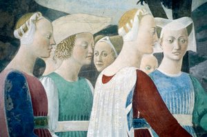 Detail van De Legende van het Ware Kruis met aanbidding van hout en ontmoeting van de Koningin van Sheba en Koning Salomo, door Piero della Francesca