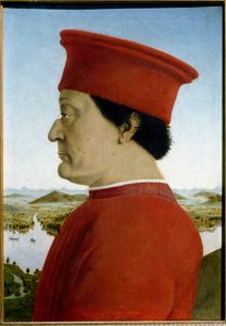Portretten van Federico de Montefeltro, Hertog van Urbino en Battista Sforza. Detail van Federico da Montefeltro door Piero della Francesca