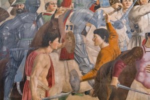 De slag van Heraclius en Chosroes (detail) van De verhalen van het ware kruis: slag met mannen, zwaarden en harnassen door Piero della Francesca