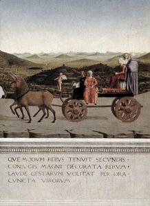 Triomf van Battista Sforza, Hertogin van Urbino. Battista en haar dienstmaagd, twee Theologische Deugden en een non worden getrokken in een triomfwagen door twee bruine eenhoorns, na 1472 (detail) door Piero della Francesca