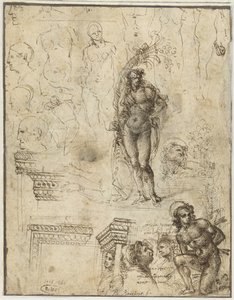 Studieblad met hoofden, figuren en architectuurfragmenten door Piero di Cosimo (attributed to)