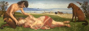 Een satyr rouwt om een nimf. Omstreeks 1495