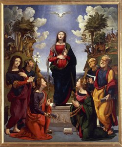 Onbevlekte ontvangenis omringd door heiligen door Piero di Cosimo