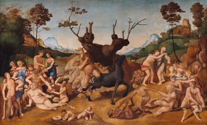 Italiaans: Geschiedenis van Silenos, scène: De tegenspoed van Silenus door Piero di Cosimo