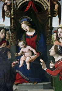 Maagd en Kind op de troon omringd door heiligen (detail) door Piero di Cosimo