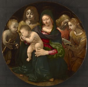 Maagd en kind met de jonge Sint Jan de Doper, Sint Cecilia en engelen, ca. 1505 door Piero di Cosimo