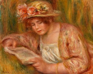Andrée met hoed, lezend door Pierre-Auguste Renoir