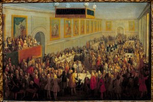 Feest van de kroning van Lodewijk XV in het Aartsbisschoppelijk Paleis van Reims door Pierre Denis Martin