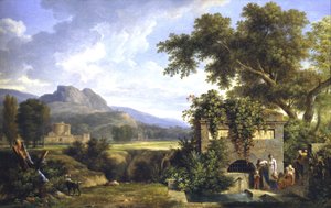 Klassiek landschap met figuren die drinken bij een fontein