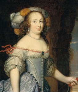 Portret van Françoise Anthénaïs de Rochechouart de Mortemart, markiezin de Montespan (1640-1707), halflang, als Diana, met een gevederde hoofdband en een boog in haar linkerhand