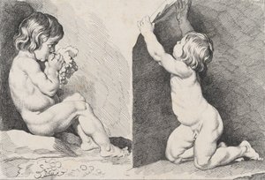 Twee naakte kinderen die druiven eten, uit Nieuw Boek van Kinderen