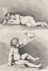 Twee naakte kinderen, een slapend en de ander met een krans, uit Nieuw Boek van Kinderen..., 1720-60 door Pierre Alexandre Aveline