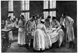Le Croup in het ziekenhuis Trousseau, door Andre Brouillet - De Croup genezen door dokter Roux, gegraveerd door E. Buval (kleur litho) door Pierre Andre (after) Brouillet