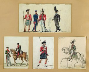 De uniformen van Schotse soldaten en Pruisische, Engelse, Hannoveraanse en Russische officieren in 1814 door Pierre Antoine Lesueur