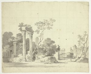Gezicht op het park van Versailles: Verwoeste zuilen en een open ijzeren poort