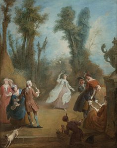 Elegante figuren spelen shuttlecock in een park, ca. 1730