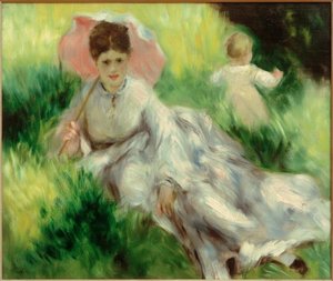 Vrouw met parasol en kind op zonnige helling door Pierre Auguste Renoir