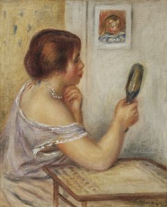Marie Dupuis met een spiegel met een portret van Coco