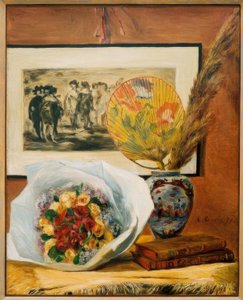 Stilleven met boeket en waaier door Pierre Auguste Renoir