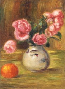 Vaas met Rozen en een Sinaasappel, 1910 door Pierre Auguste Renoir