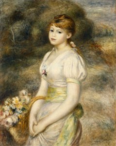 Jong meisje met een mand bloemen door Pierre Auguste Renoir