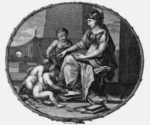 Vrouwelijke allegorie van rede en creativiteit omringd door kinderen,1695-1697 (gravure) door Pierre Bayle