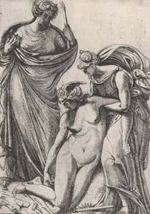Studie ter ondersteuning van de flauwvallende personificatie van Beeldhouwkunst, staand naast hen, Fran..., 1607-61 door Pierre Biard
