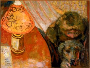 Schilderij van een interieur verlicht door lamplicht door Pierre Bonnard