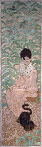 Zittende vrouw met een kat, een van vier panelen van Vrouwen in de tuin, 1891 door Pierre Bonnard