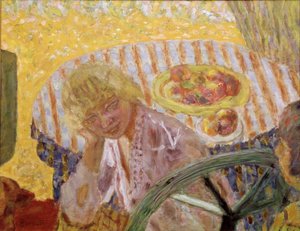 Jonge vrouwen in de tuin of het gestreepte tafelkleed door Pierre Bonnard