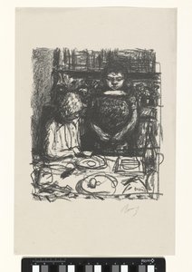 Zittende man aan tafel met maaltijd en staande vrouw door Pierre Bonnard