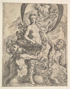 Jupiter, Pluto en Neptunus bieden hun rijkdommen aan Fortuna aan, 1624 door Pierre Brebiette
