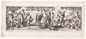 Rustende Silenus en zijn gevolg in een landschap door Pierre Brebiette