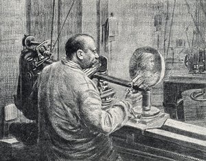 Een medailleur die een soort pantograaf freesmachine gebruikt. Gravure uit 