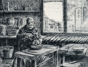 Een arbeider die vijlen maakt. Gravure van Pierre Calmette door Pierre Calmettes