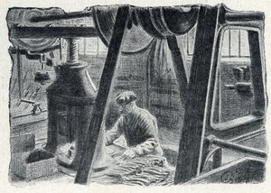 Bestek stempelen met een molen Gravure uit "Excursion a travers les metiers" door Pierre Calmette Privécollectie door Pierre Calmettes